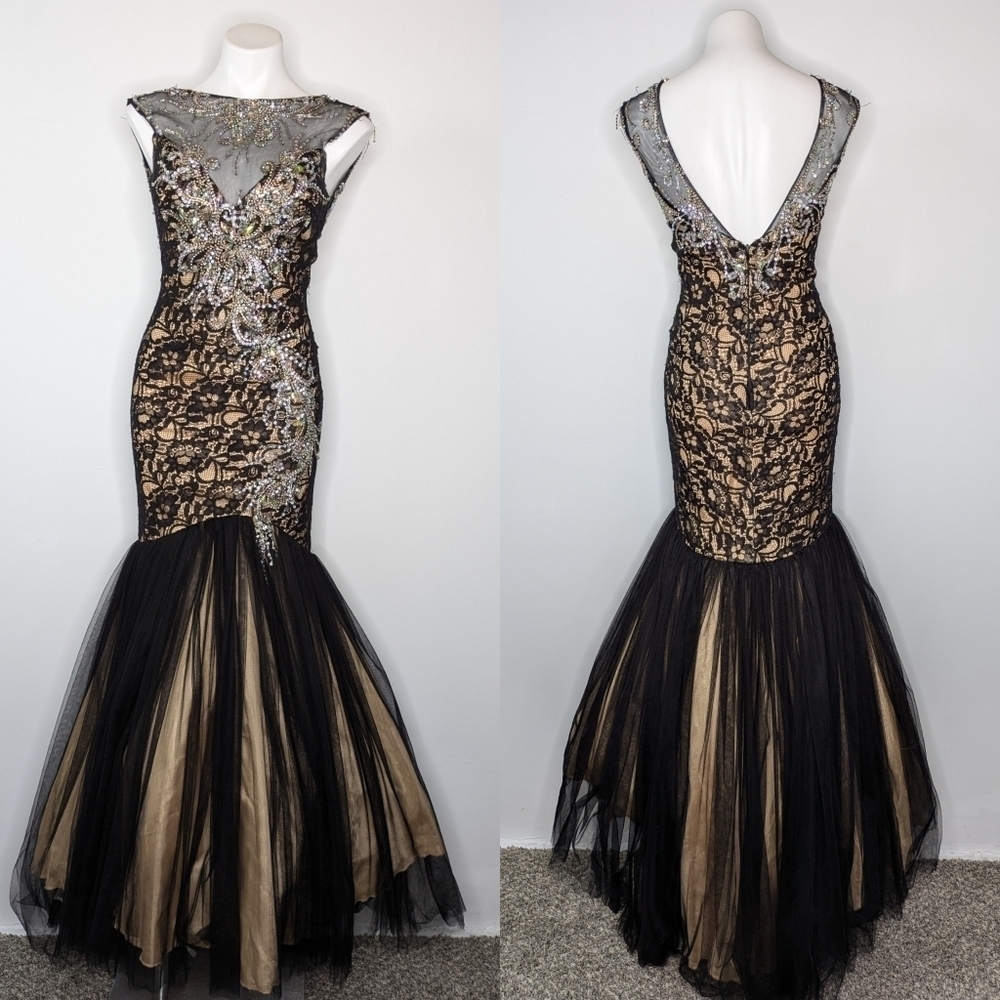 Mac Duggal 65091H black tan rhinestone lace low back mermaid evening gown 4